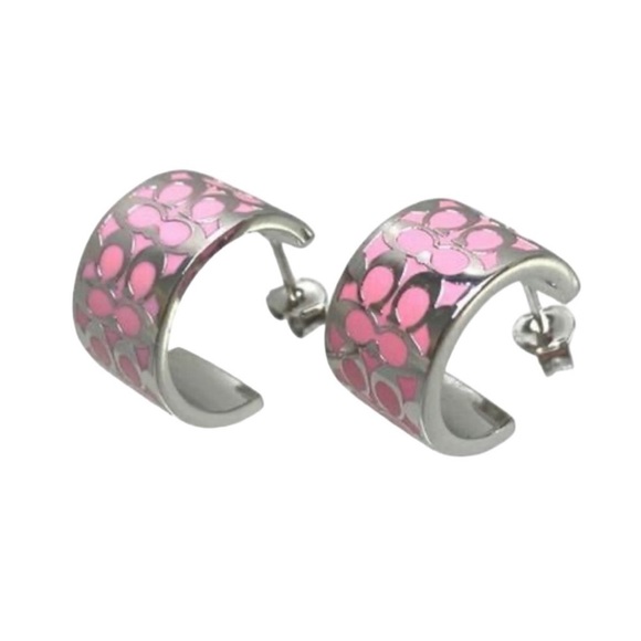 NEW Coach signature logo pink and silver small hoop drop earrings - Picture 2 of 3
